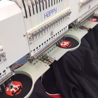 Images of hoodies being embroidered with a Happy embroidery machine