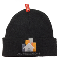 Black wooly hat with embroidered business logo
