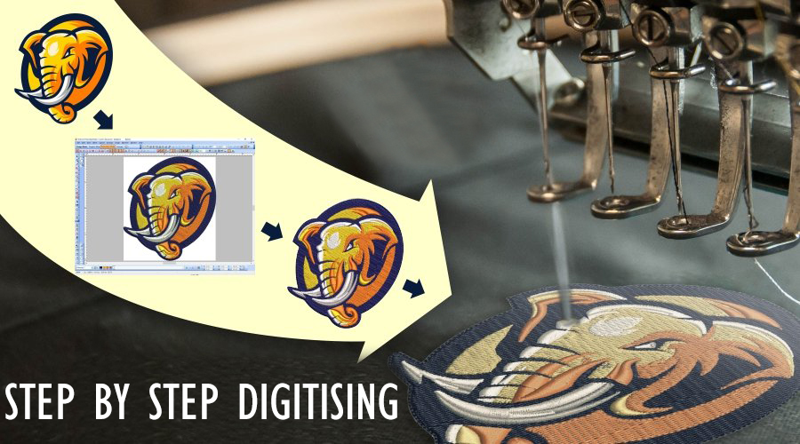 Showing step by step digitizing process of logo to embroidery design