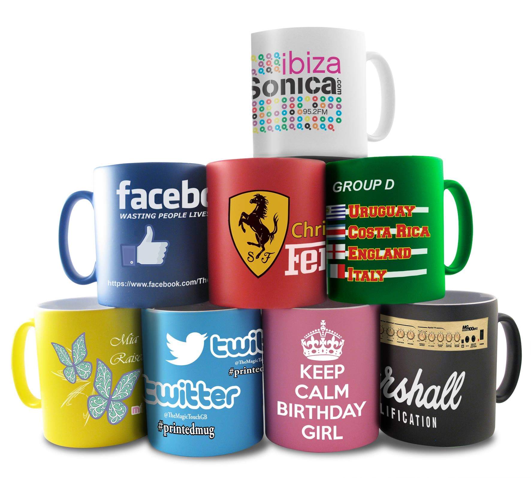 A selection of mugs which have been sublimated with random images